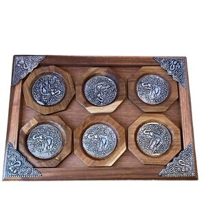 Handcrafted Thai‎ Elephant Cuppa Teak Wooden Coaster Tray Set Asian Home Decor